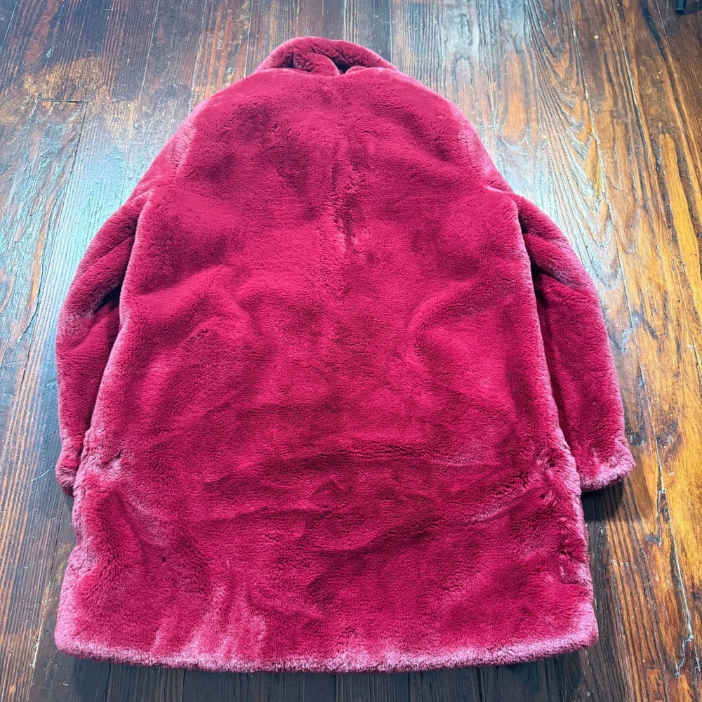 Christian Siriano Faux Fur Coat Women Medium Burgundy Red Plush Luxury Jacket - Picture 6 of 9